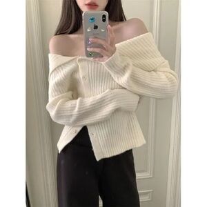 Long-Sleeve Off-Shoulder Plain Asymmetrical Button Knit Top